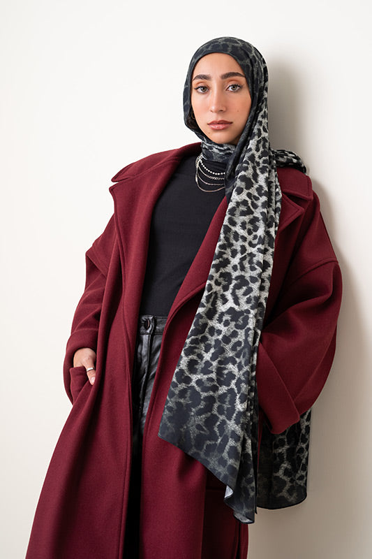 EMMA Ash Leopard hijab — subtle grey leopard print on soft modal twill