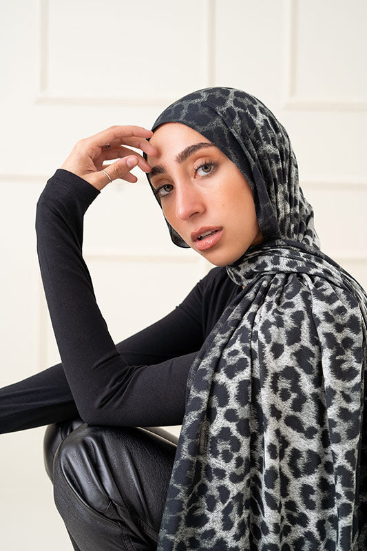 EMMA Ash Leopard hijab — subtle grey leopard print on soft modal twill