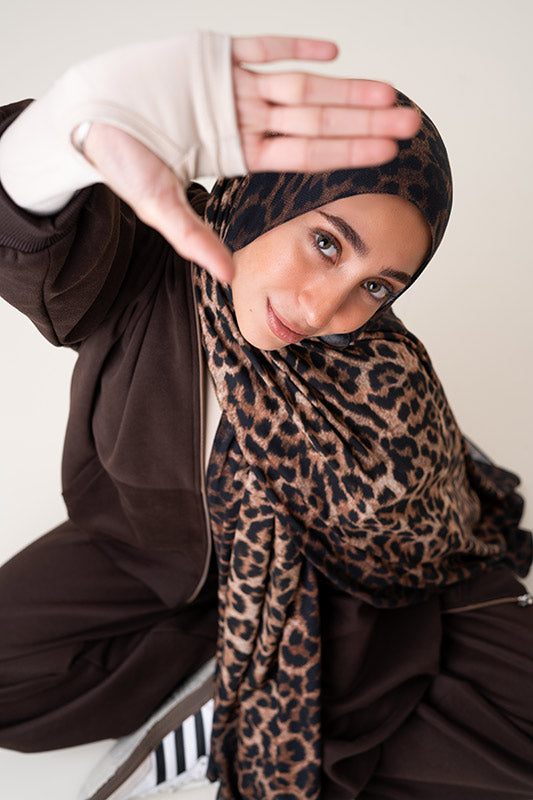 EMMA Tan Leopard hijab — handmade leopard print on twill modal