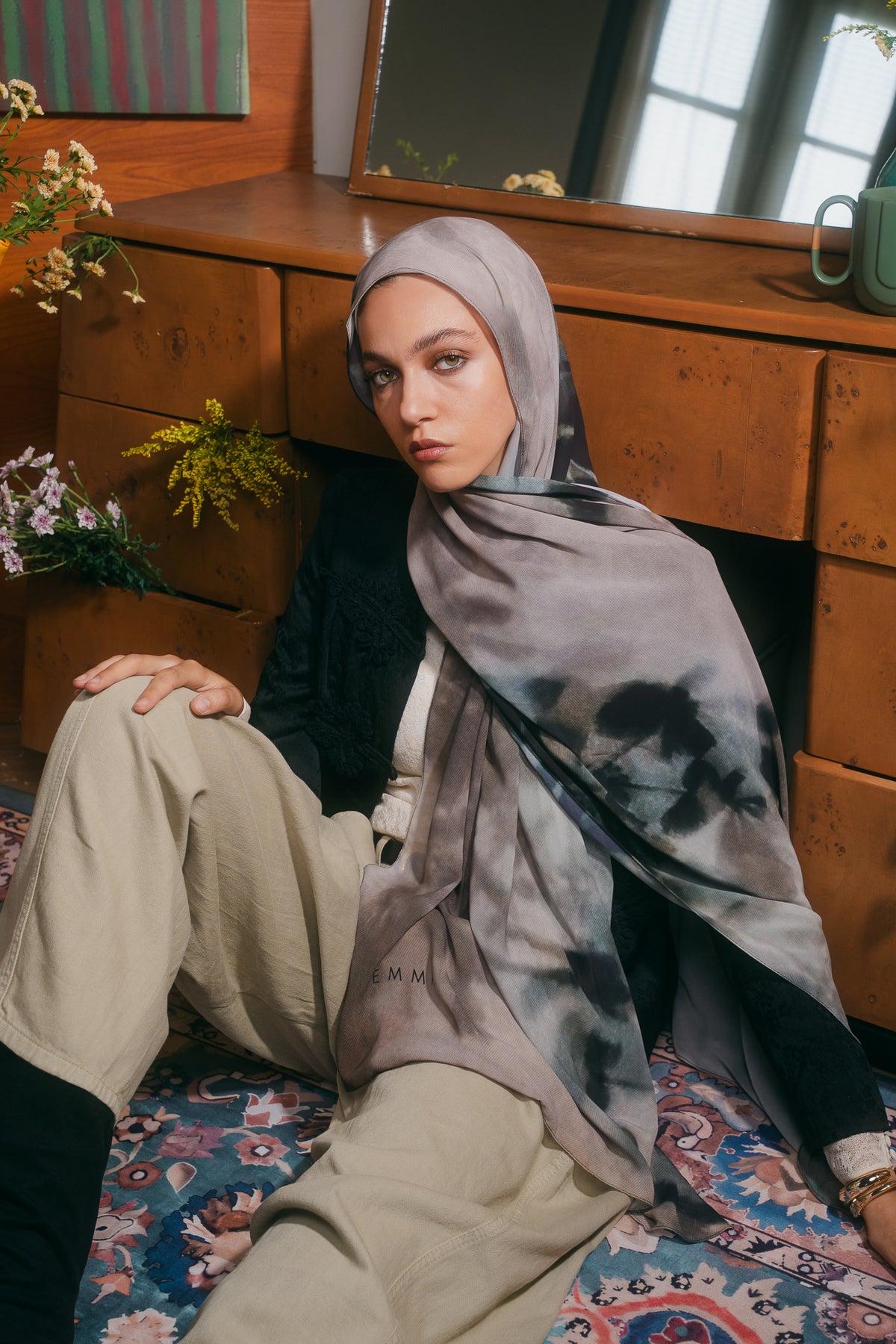 EMMA Stone Shadows hijab — botanical shadow print on earthy neutral chiffon