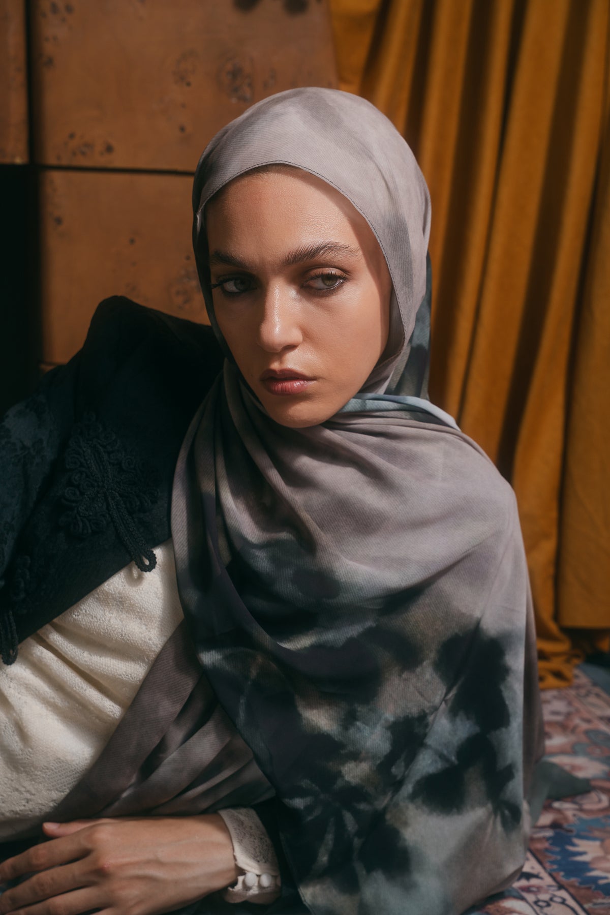 EMMA Stone Shadows hijab — botanical shadow print on earthy neutral chiffon