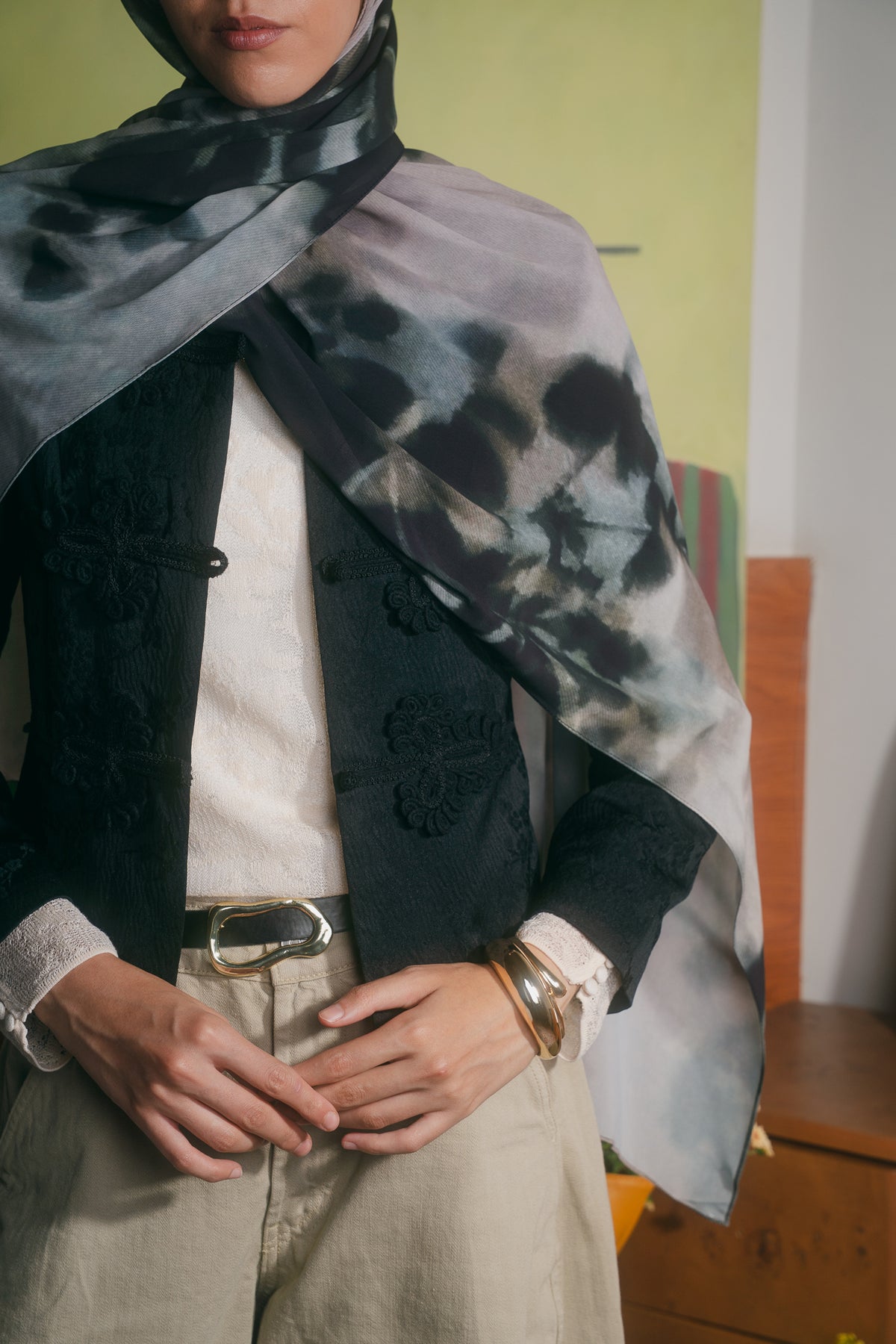 EMMA Stone Shadows hijab — botanical shadow print on earthy neutral chiffon