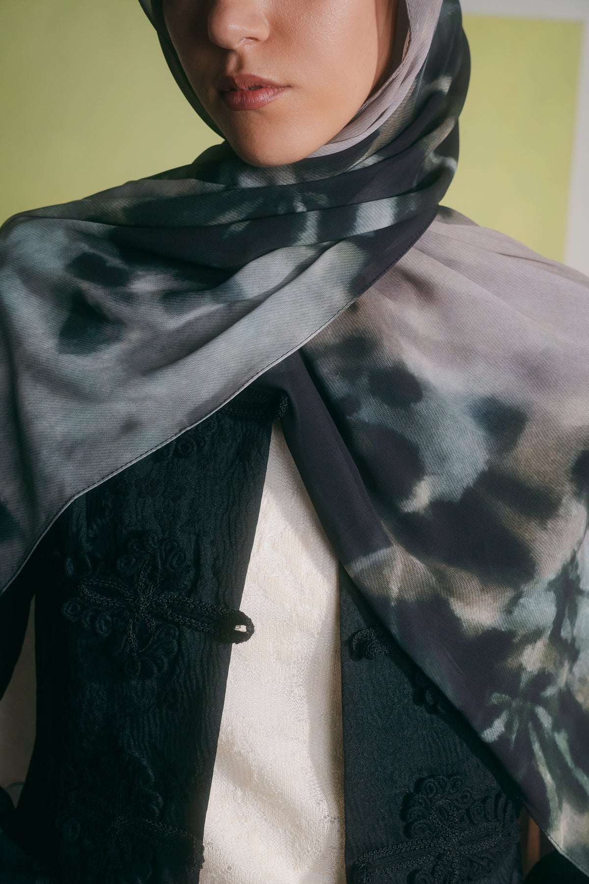 EMMA Stone Shadows hijab — botanical shadow print on earthy neutral chiffon