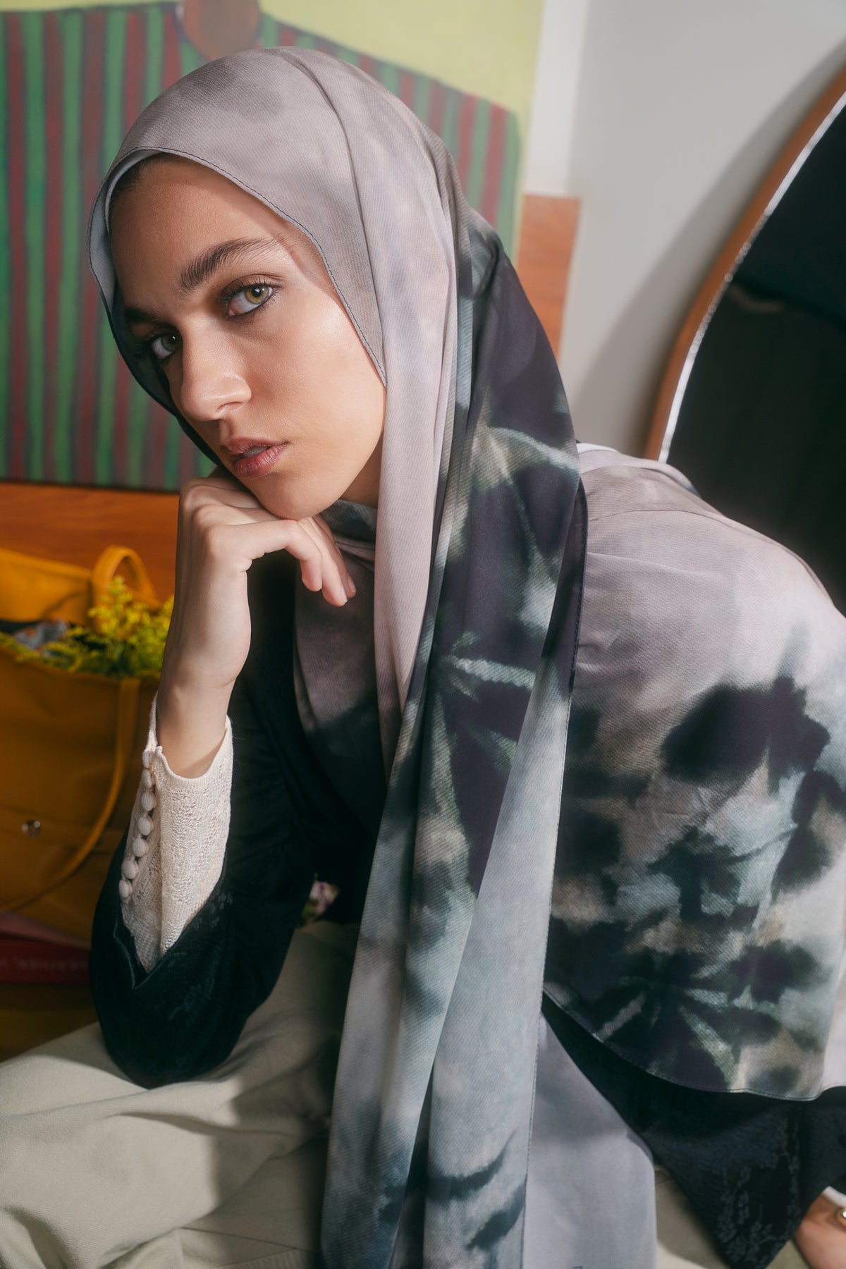 EMMA Stone Shadows hijab — botanical shadow print on earthy neutral chiffon
