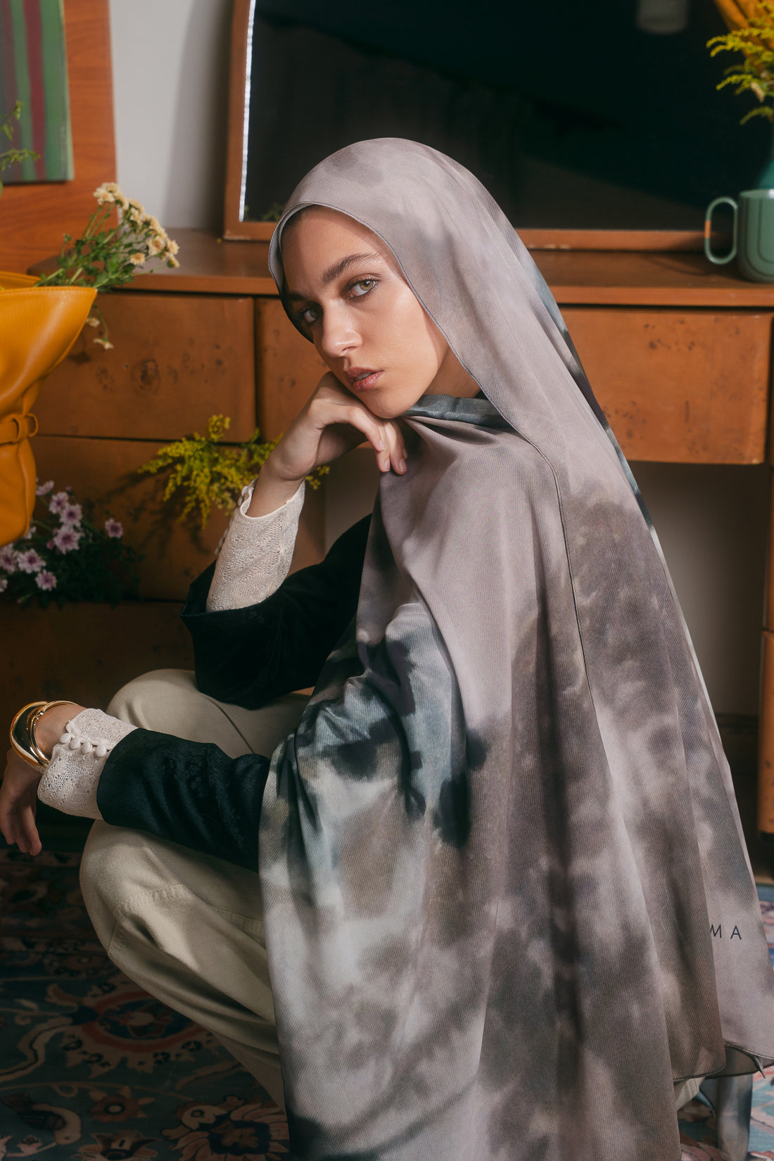 EMMA Stone Shadows hijab — botanical shadow print on earthy neutral chiffon