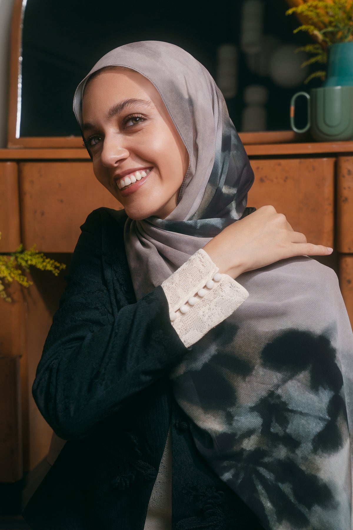 EMMA Stone Shadows hijab — botanical shadow print on earthy neutral chiffon