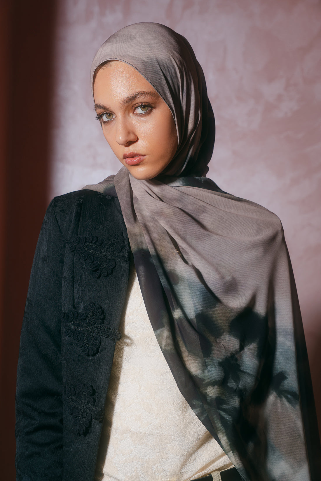 EMMA Stone Shadows hijab — botanical shadow print on earthy neutral chiffon