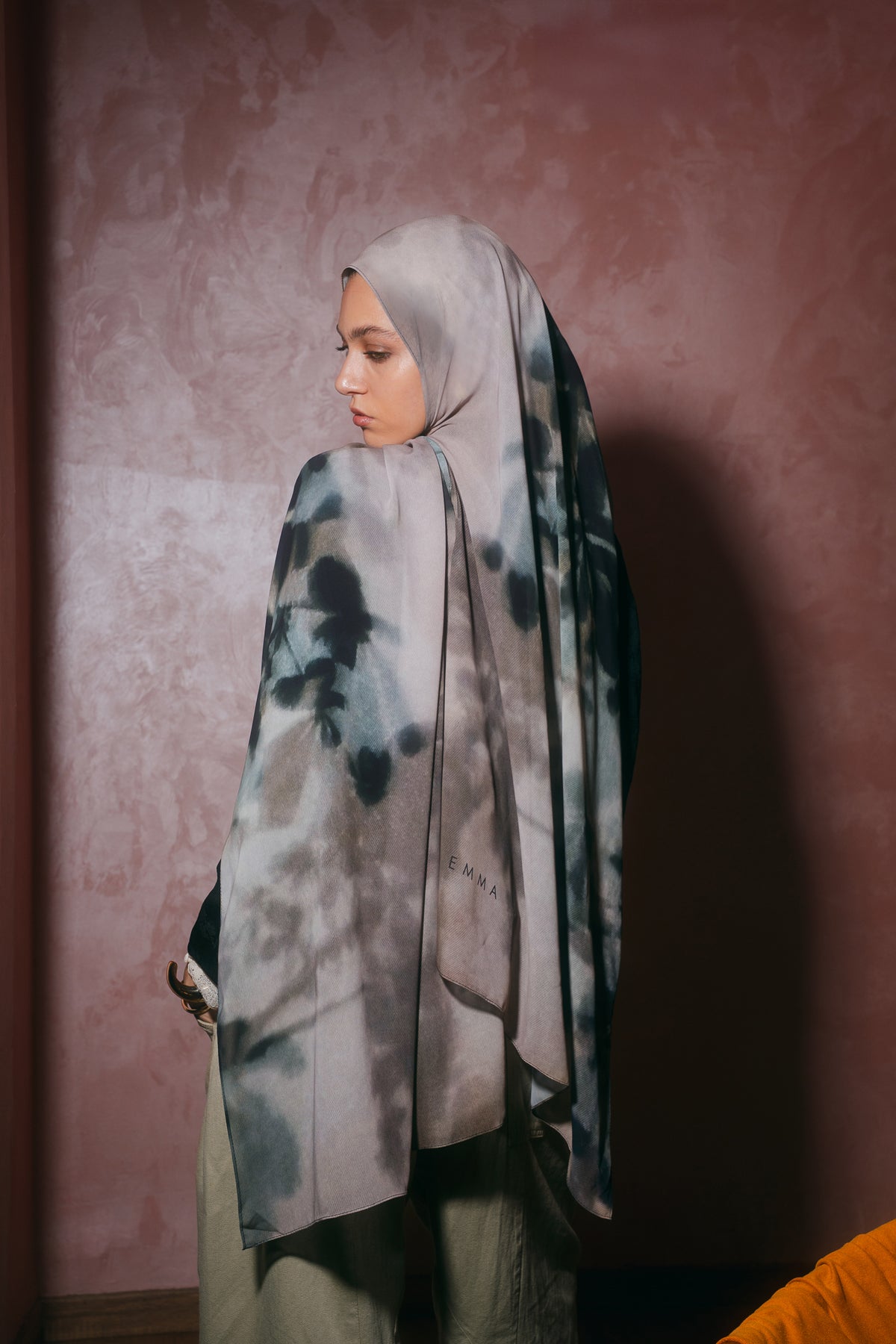 EMMA Stone Shadows hijab — botanical shadow print on earthy neutral chiffon