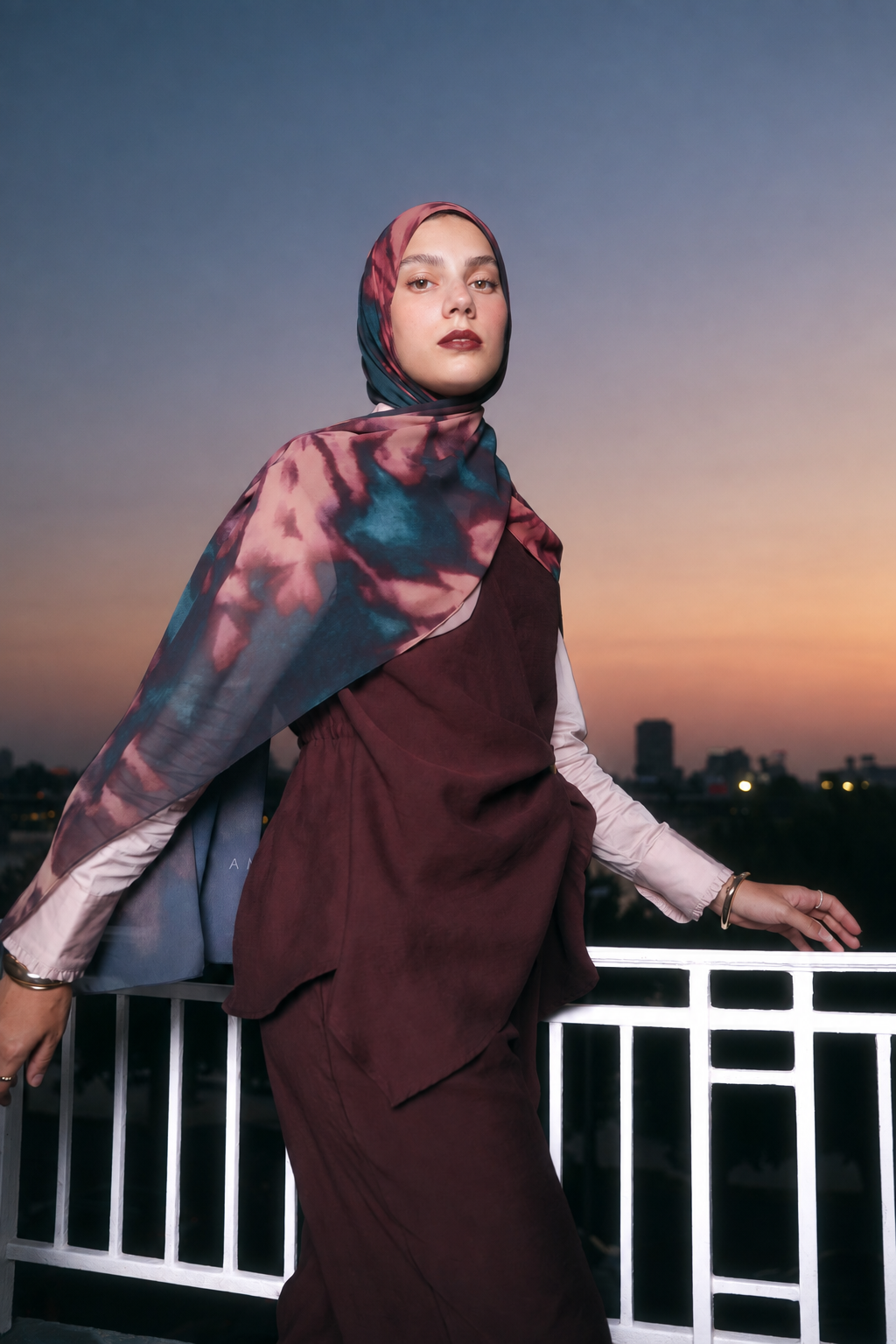 EMMA Dusk Shadows hijab — jewel-tone floral chiffon in a painterly dusk palette