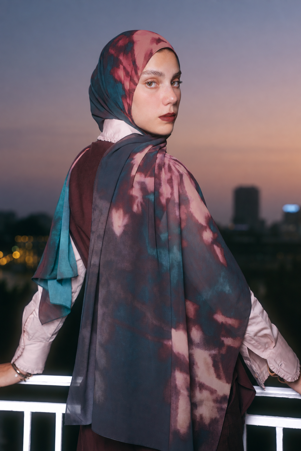 EMMA Dusk Shadows hijab — jewel-tone floral chiffon in a painterly dusk palette