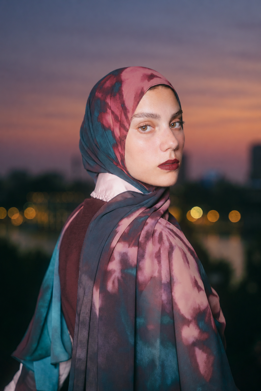 EMMA Dusk Shadows hijab — jewel-tone floral chiffon in a painterly dusk palette