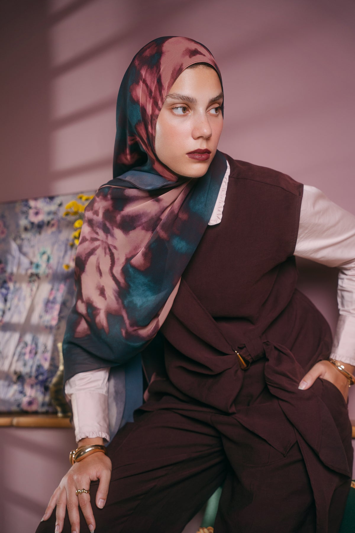EMMA Dusk Shadows hijab — jewel-tone floral chiffon in a painterly dusk palette