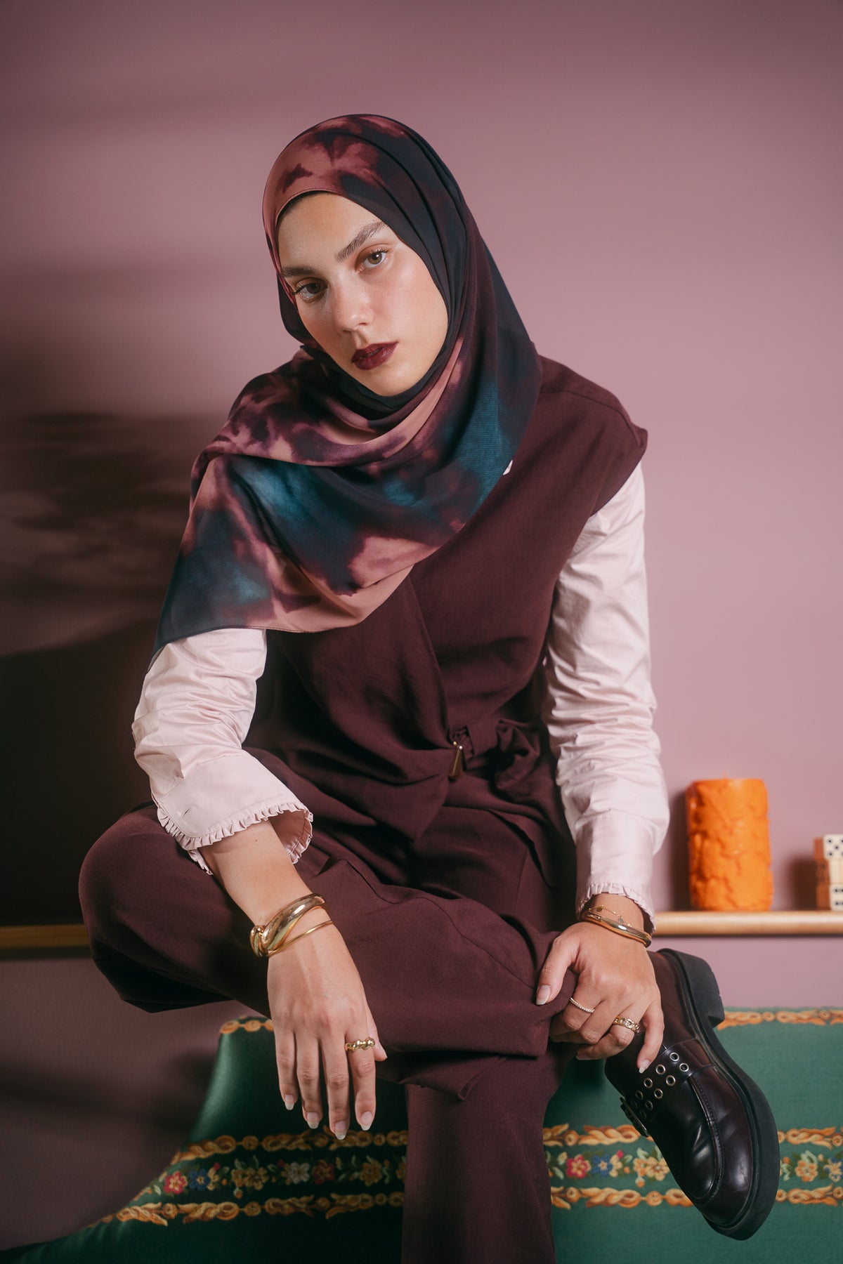 EMMA Dusk Shadows hijab — jewel-tone floral chiffon in a painterly dusk palette