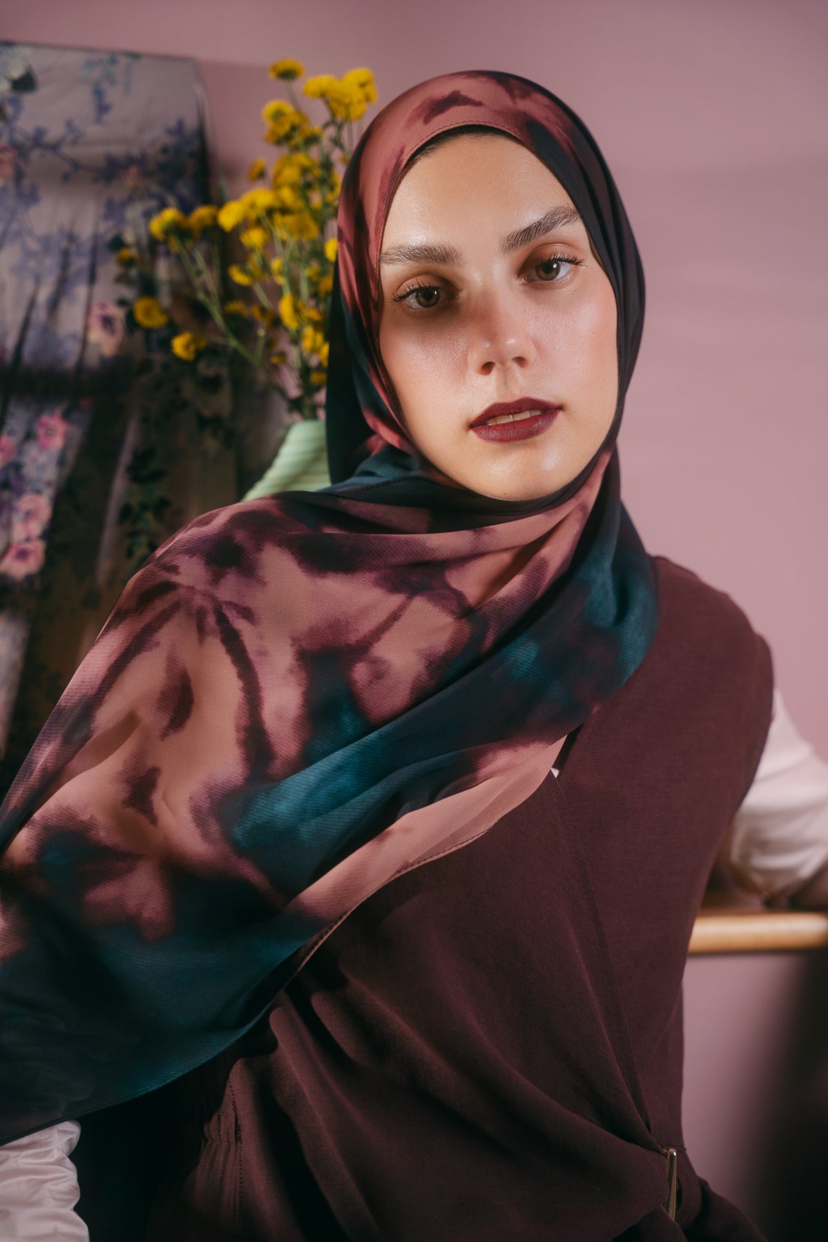 EMMA Dusk Shadows hijab — jewel-tone floral chiffon in a painterly dusk palette