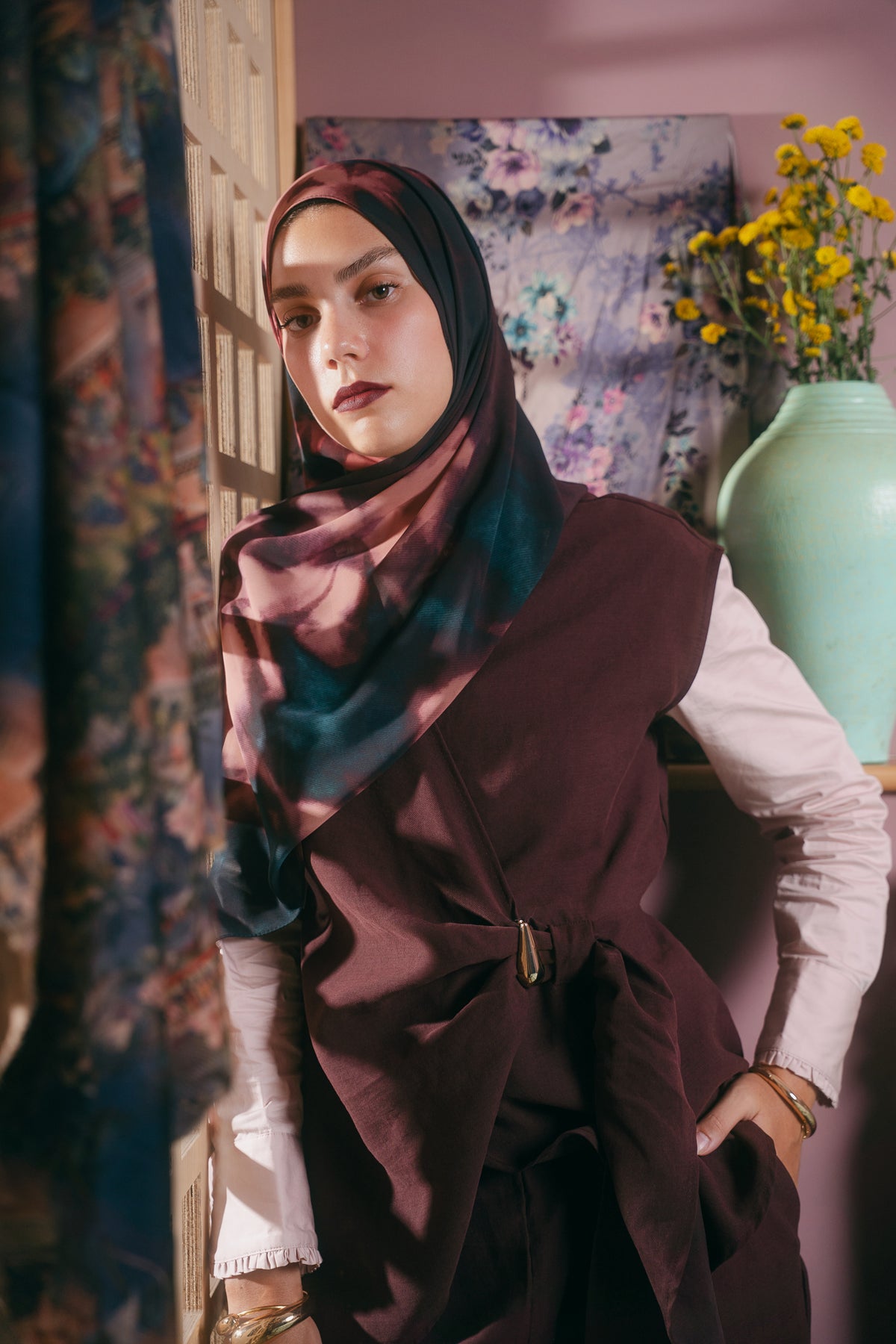 EMMA Dusk Shadows hijab — jewel-tone floral chiffon in a painterly dusk palette