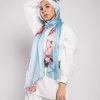 Hijabi Model in EMMA Scarf Aqua Fleuri staring at camera with her hand on her head