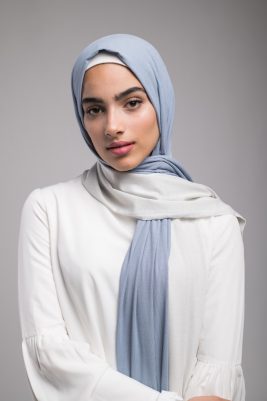 hijabi model in EMMA Scarf Blue sugar staring at camera