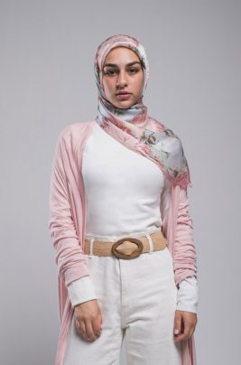 Hijabi model in EMMA Scarf Honey Blooms square, made from silky satin