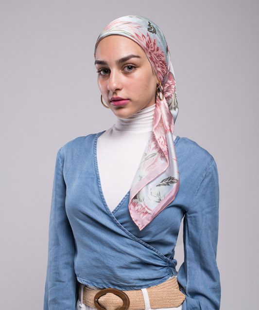 Hijabi Model in EMMA Scarf Honey Blooms square tying it in a spanish hijab style