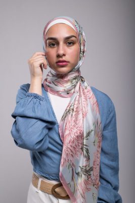 Hijabi Model in EMMA Scarf Honey Blooms square staring at camera