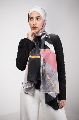Hijabi Model in EMMA Scarf Retro Classic a satin chiffon scarf with geometric shapes and marble print