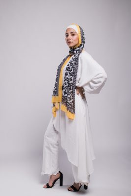 Hijabi Model in EMMA Scarf Aztec Sunshine in a white drapped top