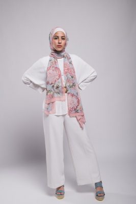 Hijabi Model in Honey Blooms chiffon EMMA Scarf in an all white outfit