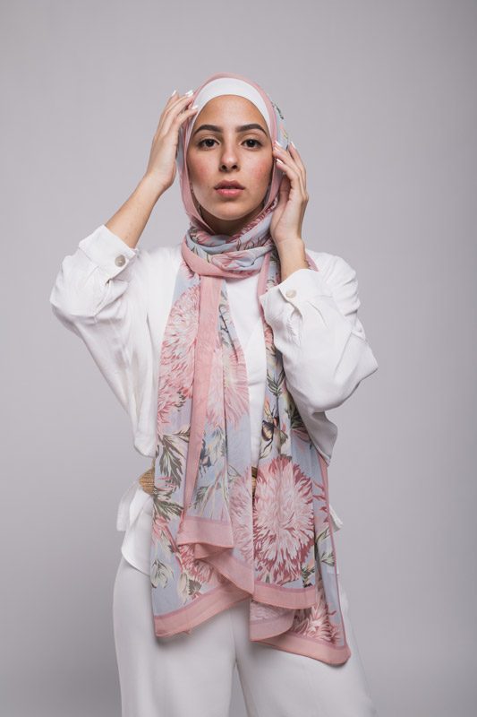 Hijabi Model in EMMA Scarf Honey Blooms chiffon with her hand on her face