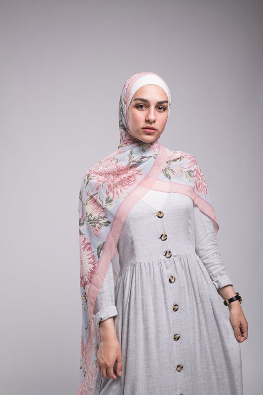 hijabi model EMMA scarf Honey blooms chiffon drapped on her shoulder