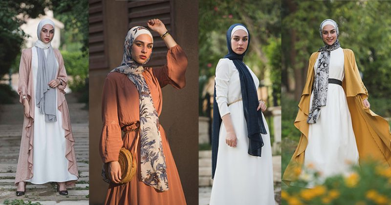 hijabi girl dressed in different modest outfits, white dress, orange dress, pink cimono and a yellow kimono posing for the camera