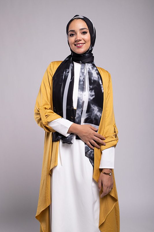 Hijabi Model wearing EMMA Scarf Black Marble smiling