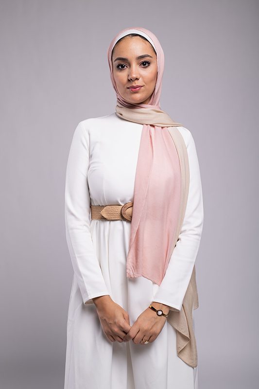 EMMA Scarf Almond Rose an ombre hijab with light cafe and light dusty rose. looking shy