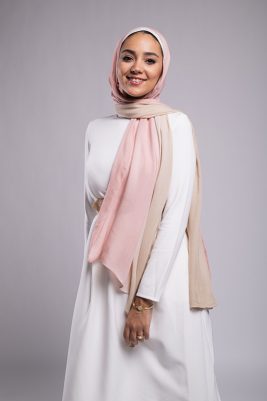 EMMA Scarf Almond Rose an ombre hijab with light cafe and light dusty rose. smiling
