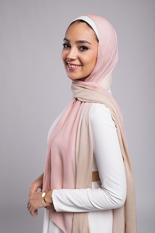 EMMA Scarf Almond Rose an ombre hijab with light cafe and light dusty rose. smiling