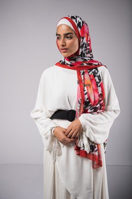 EMMA Hijab Dolce Vita : A chiffon scarf with houndstooth and hot red ,fuchsia watercolor florals