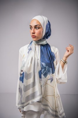 Model wearing EMMA satin scarf Parisienne Azure