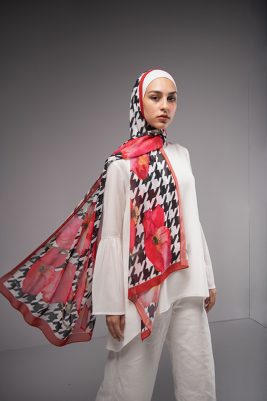 EMMA Hijab Dolce Vita : A chiffon scarf with houndstooth and hot red ,fuchsia watercolor florals