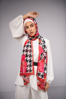 EMMA Hijab Dolce Vita : A chiffon scarf with houndstooth and hot red ,fuchsia watercolor florals