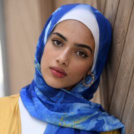 Hijabi model wearing EMMA scarf Starry Night inspired by Van gogh