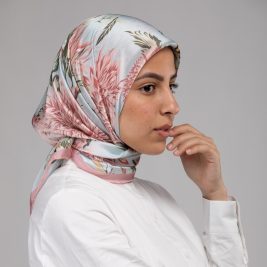 Hijabi model in EMMA Scarf Honey Blooms Square on silky satin