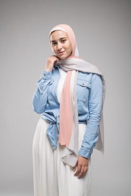 Hijabi Model in EMMA Scarf Peach n Vanilla staring at camera