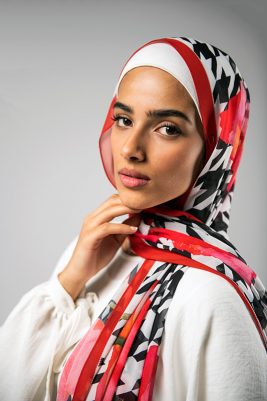 EMMA Hijab Dolce Vita : A chiffon scarf with houndstooth and hot red ,fuchsia watercolor florals