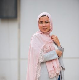 hijabi model in EMMA Scarf Rose Dawn French Lace