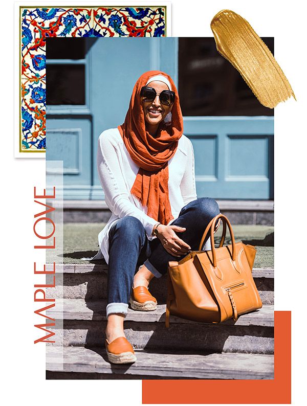 Hijabi Woman Styling her EMMA scarf Basic Maple on jeans and awhite shirt