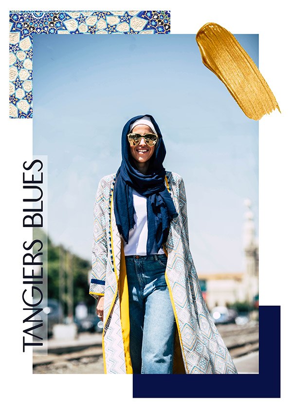 A muslim woman Styling EMMA scarf Basic Navy , looking at camera smiling