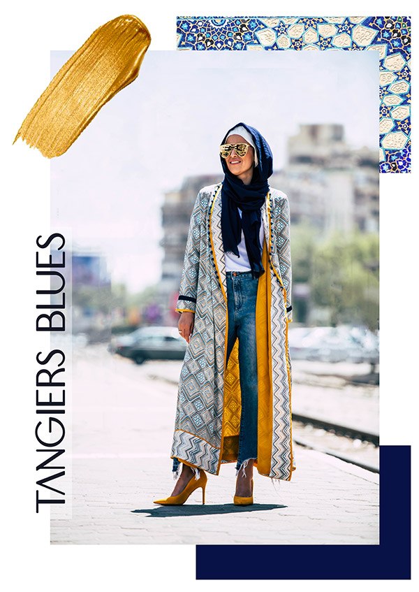 Hijabi Woman in EMMA Scarf Basic Navy , jeans a colorful kimono and yellow heels