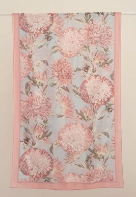 EMMA Scarf Honey Blooms Chiffon hanging , with feminin pink flowers with green leafs and bees printed on a baby blue chiffon with a pink border