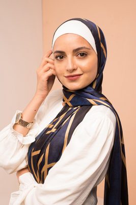 Durria's Sapphire by EMMA. Navy & gold satin hijab.
