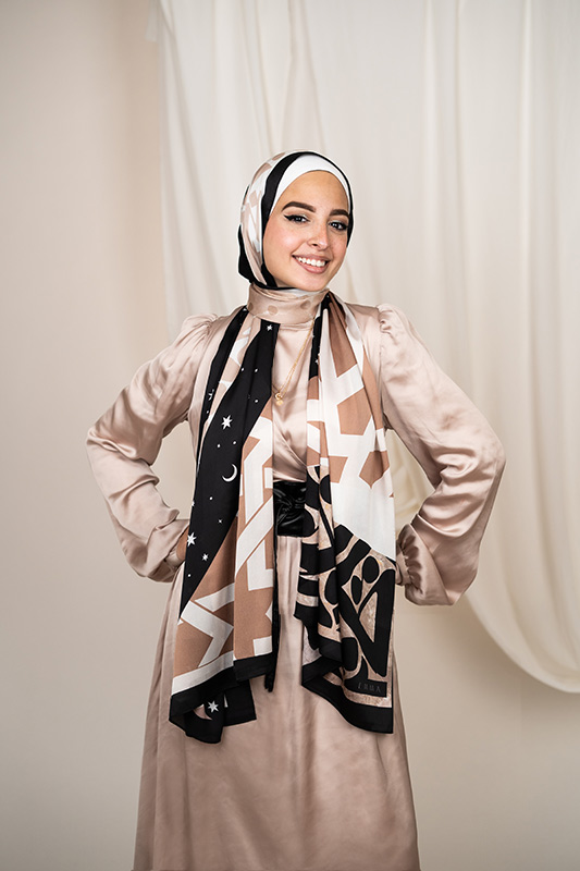 Layal in Satin by EMMA. Beige & Black hijab.