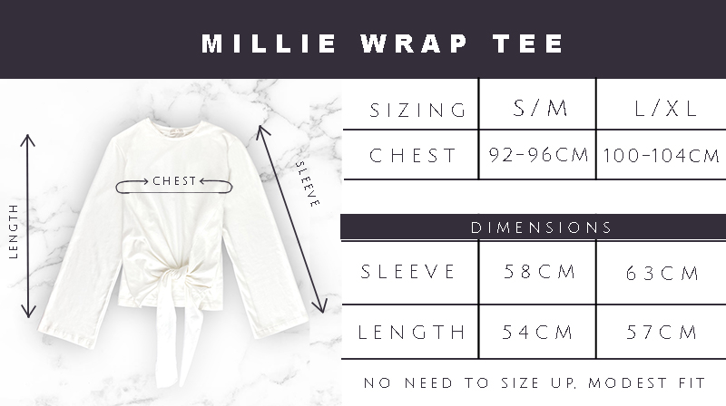millie wrap tee size chart 